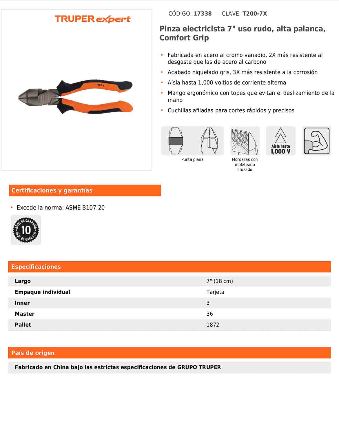 Pinza electricista 7" uso rudo de alta palanca con mango Comfort Grip