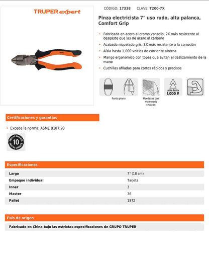 Pinza electricista 7" uso rudo de alta palanca con mango Comfort Grip