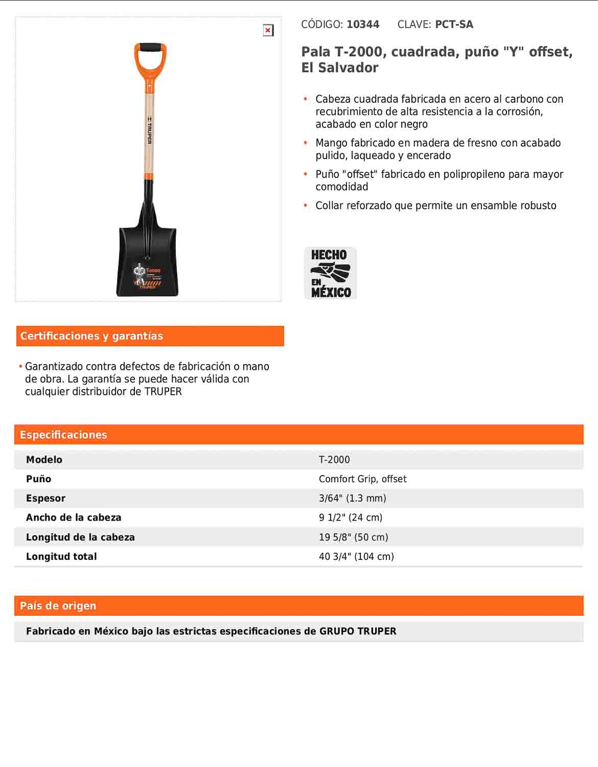 Pala cuadrada T-2000 con puño Y offset