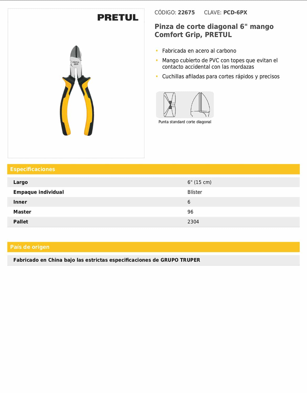 Pinza de corte diagonal de 15 cm con mango Comfort Grip