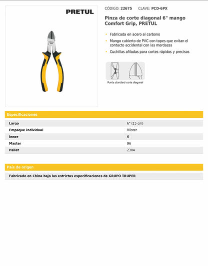 Pinza de corte diagonal de 15 cm con mango Comfort Grip