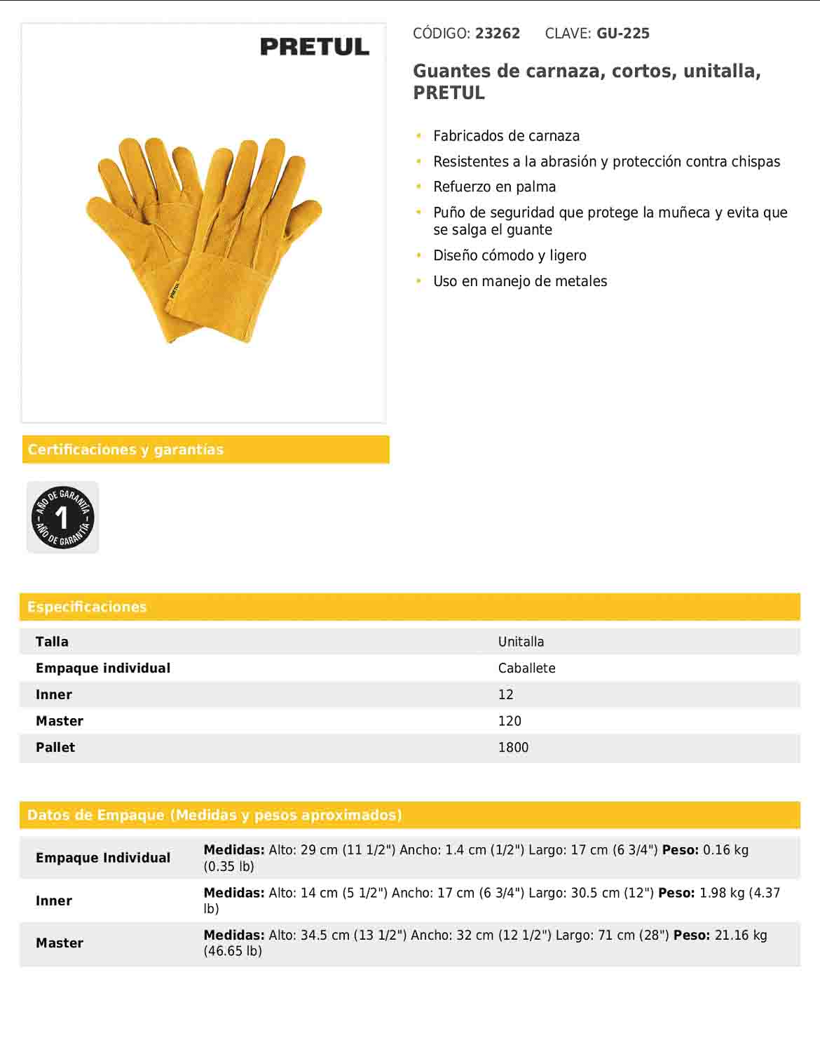 Guantes de carnaza cortos unitalla con refuerzo en palma y puño de seguridad