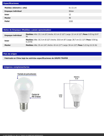 Foco LED 9W A19 6500K blanca fría 800 lm