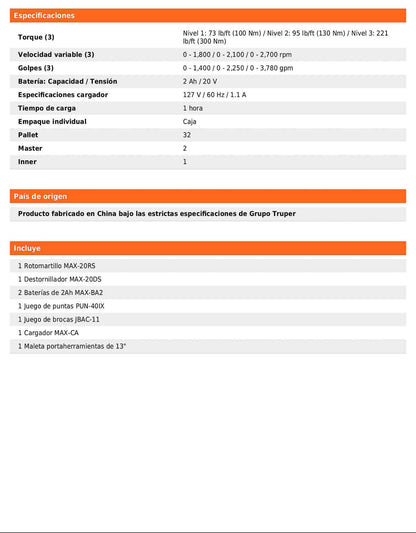 Combo de rotomartillo y destornillador de impacto con batería 20 V
