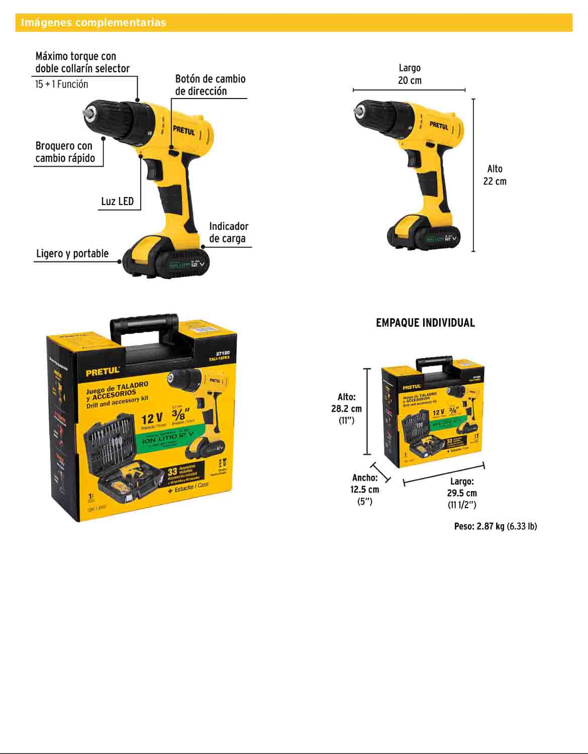 Kit de taladro inalámbrico de 3/8 in con batería 12 V y 33 accesorios