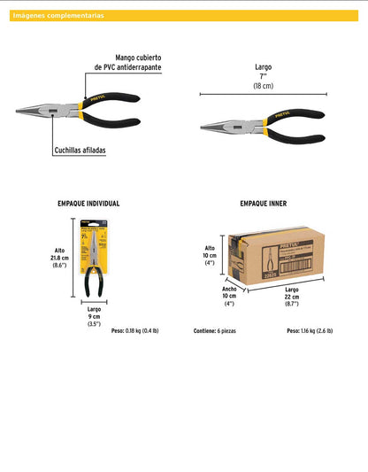 Pinza de punta y corte de 18 cm con mango de PVC