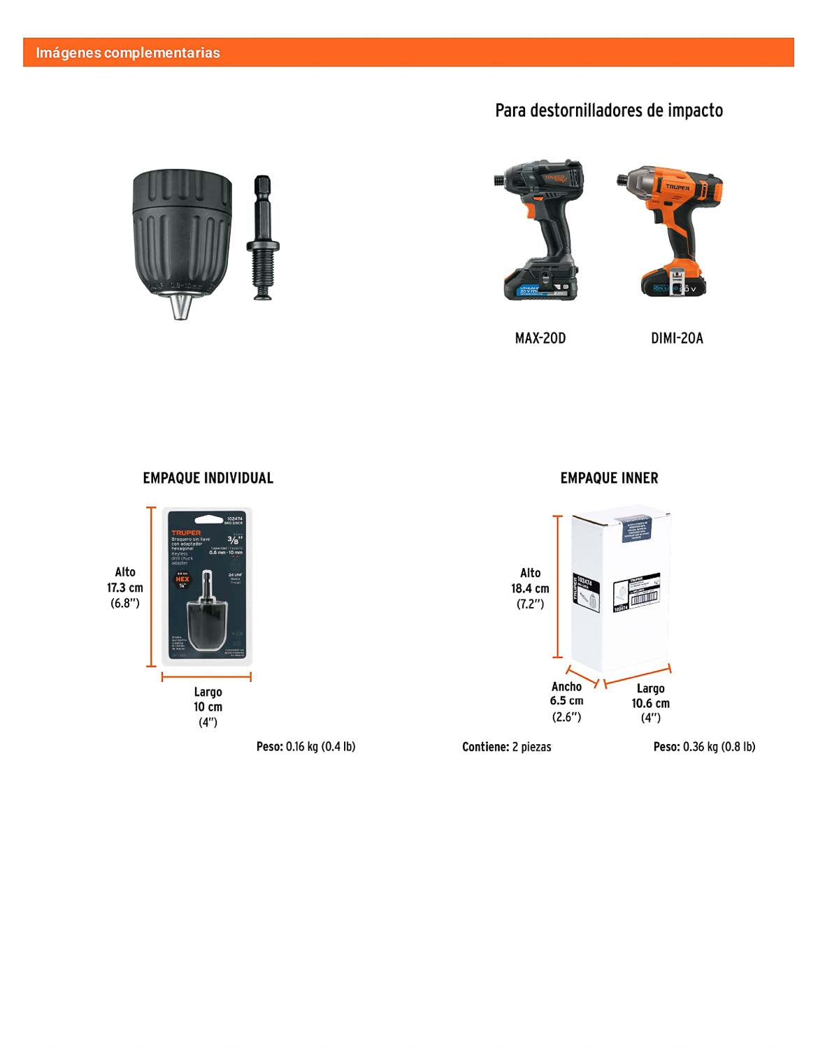 Broquero de 3/8" sin llave con adaptador hexagonal de 1/4"