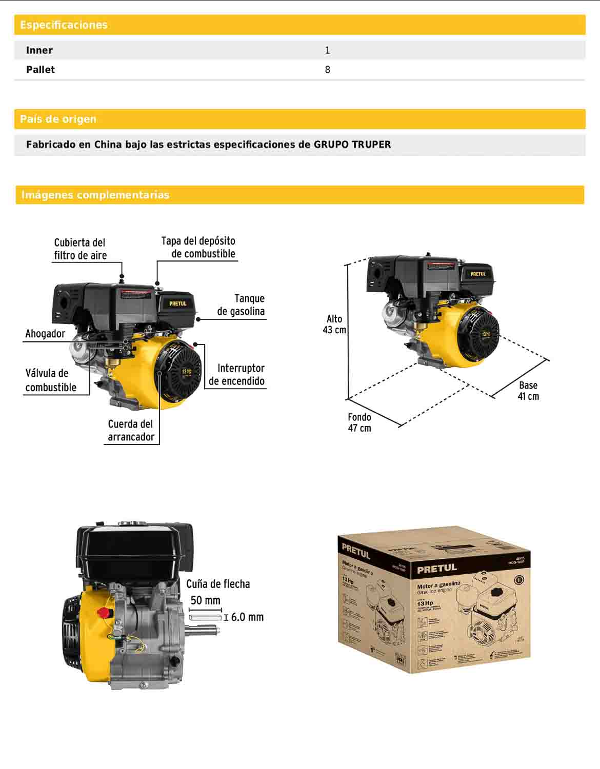 Motor a gasolina de 13 HP con sensor de aceite y arranque manual