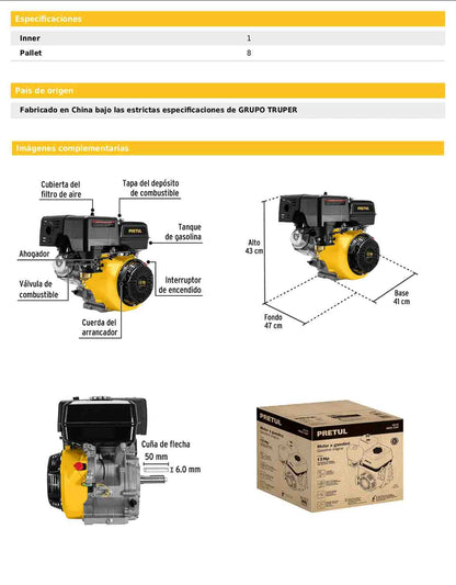 Motor a gasolina de 13 HP con sensor de aceite y arranque manual