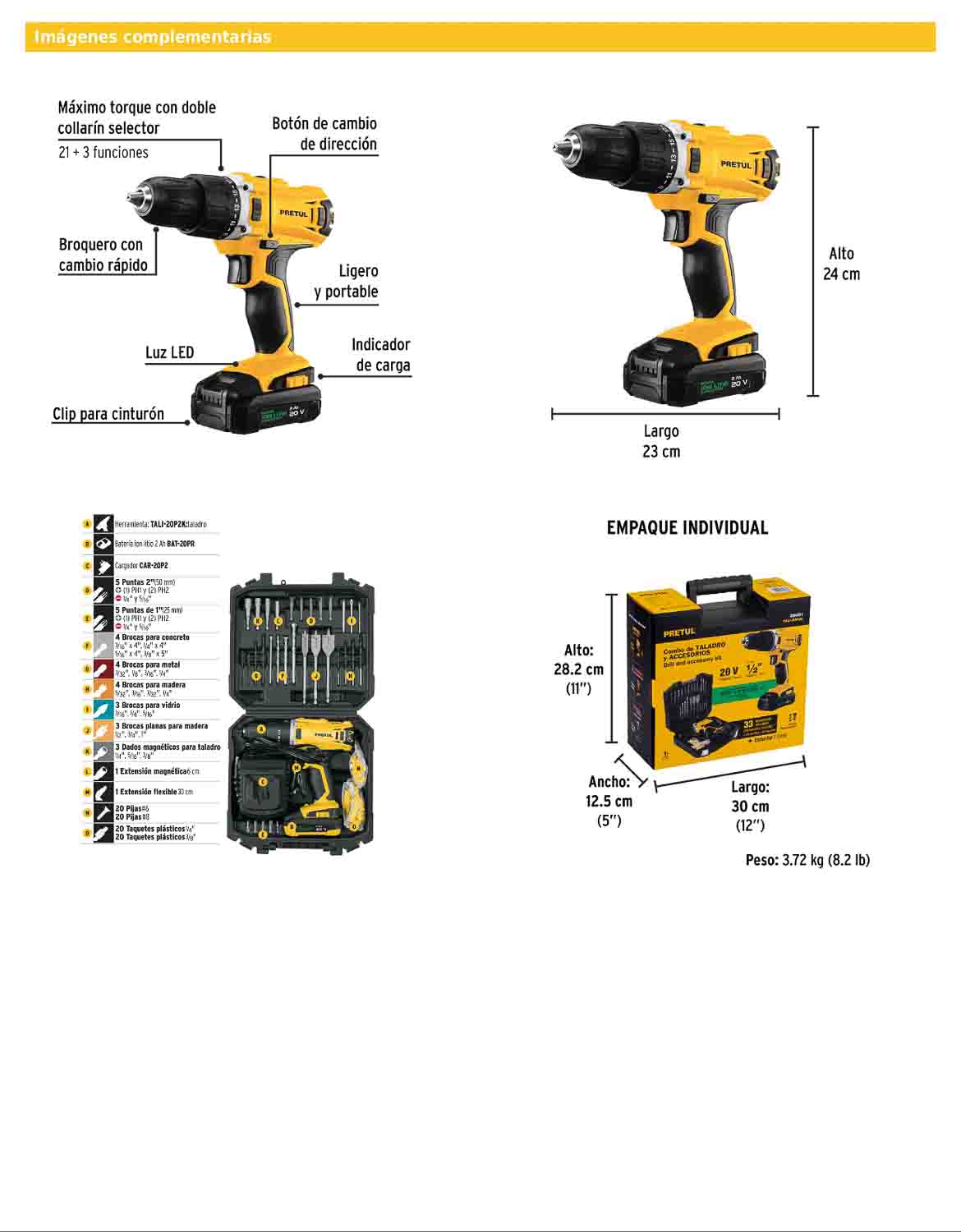 Kit de taladro inalámbrico de 1/2 in con batería 20 V y 32 accesorios