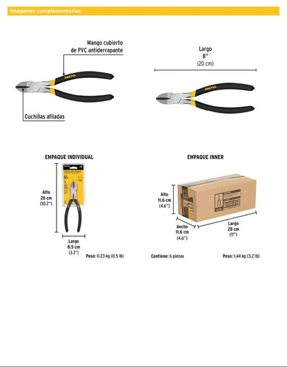 Pinza de corte diagonal de 8 pulgadas con mango de PVC