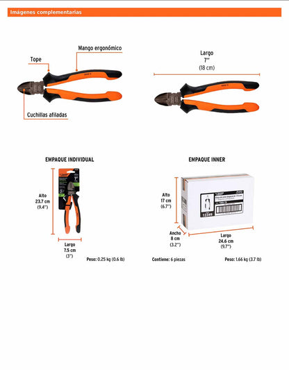 Pinza corte diagonal 7" alta palanca con mango Comfort Grip