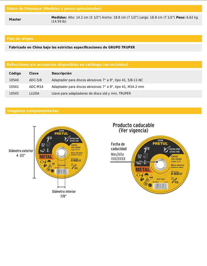 Disco de corte fino para metal de 7 pulgadas con espesor de 2 mm