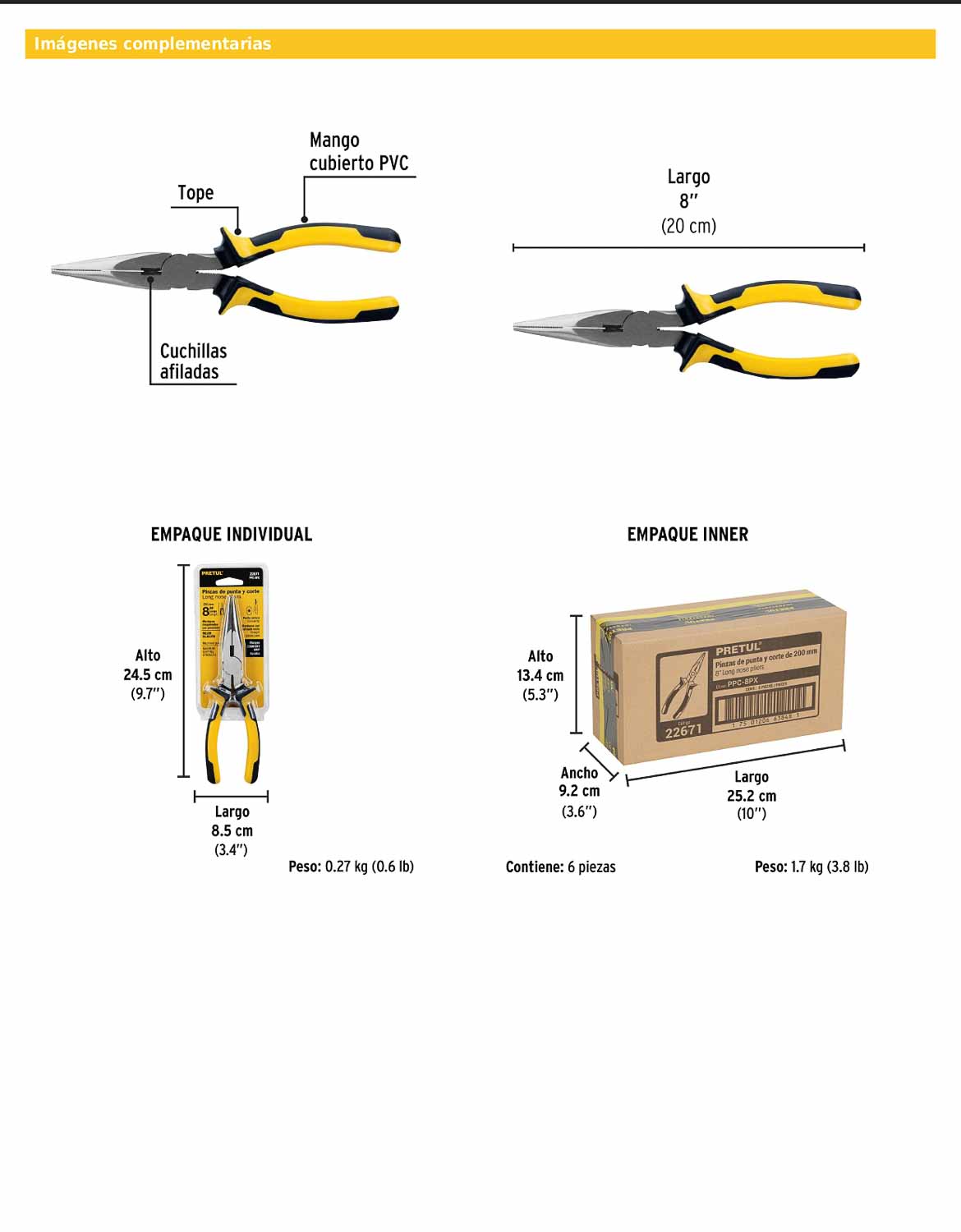 Pinza de punta y corte de 20 cm con mango Comfort Grip