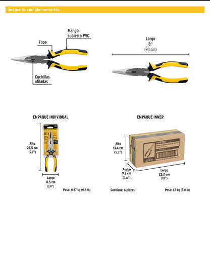 Pinza de punta y corte de 20 cm con mango Comfort Grip