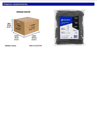 Bolsa con 1000 cinchos plásticos 50 lb 200 x 4.5 mm negro