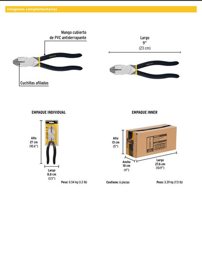 Pinza para electricista de 23 cm uso rudo con mango de PVC