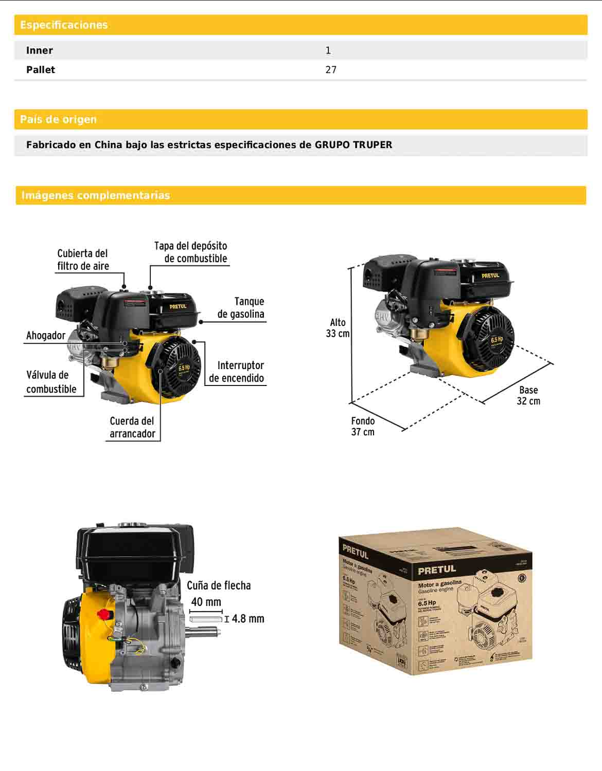 Motor a gasolina de 6.5 HP con sensor de aceite y arranque manual
