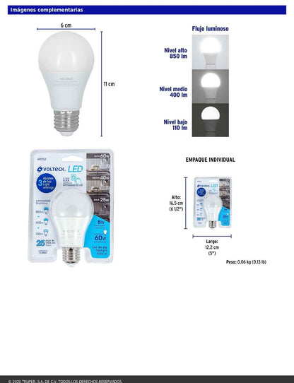 Foco LED 8W A19 6500K con 3 niveles de luminosidad