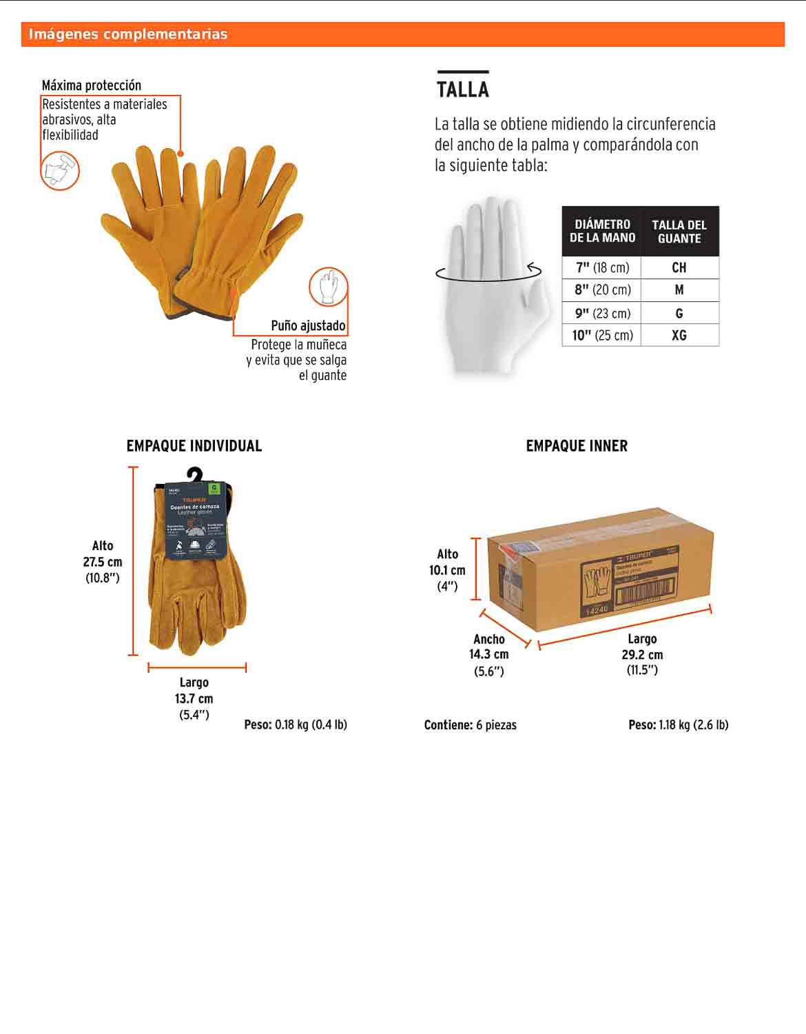 Guantes de carnaza para usos generales talla G TRUPER (GU-241)