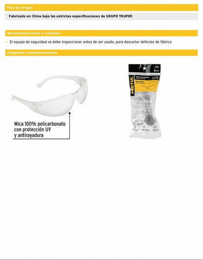 Lentes de seguridad transparentes PRETUL LITE (LEN-ST-P)