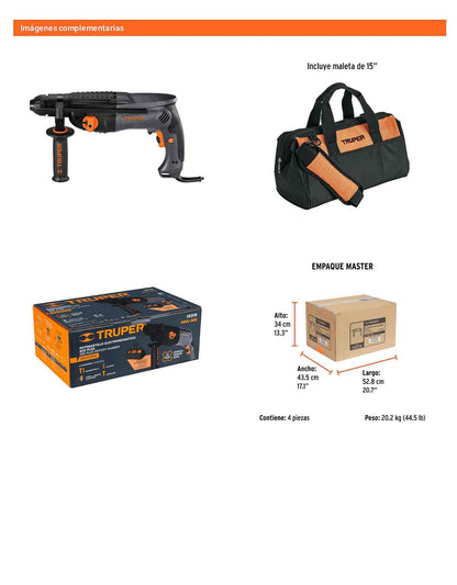 Rotomartillo SDS Plus de 850 W y 3 J con mango auxiliar para trabajo industrial