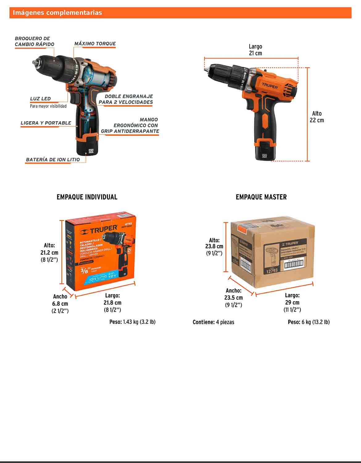 Rotomartillo compacto inalámbrico de 3/8 in con batería 12 V y dos velocidades