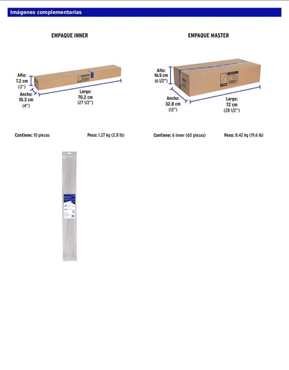 Bolsa con 25 cinchos plásticos de 50 lb de 60 cm de largo y 4.5 mm de ancho en color natural