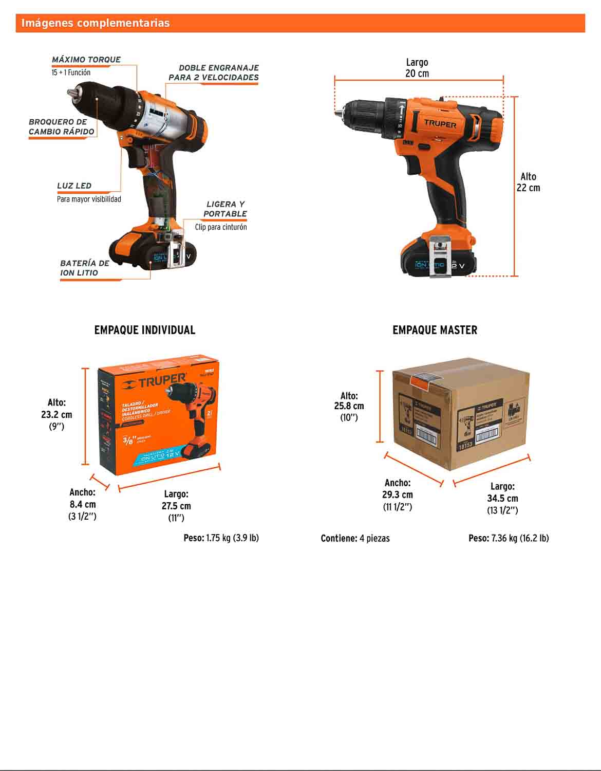 Taladro inalámbrico de 3/8 in con batería 12 V y dos velocidades