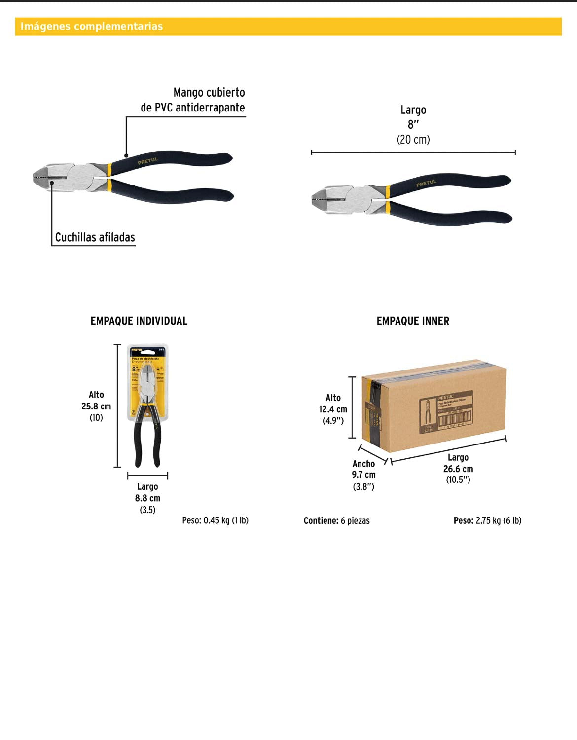 Pinza para electricista de 20 cm uso rudo con mango de PVC