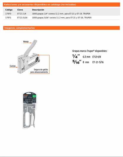 Engrapadora tipo pistola para grapas de 1/4 y 5/16 con seguro de gatillo