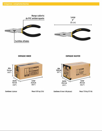 Pinza de punta y corte de 15 cm con mango de PVC