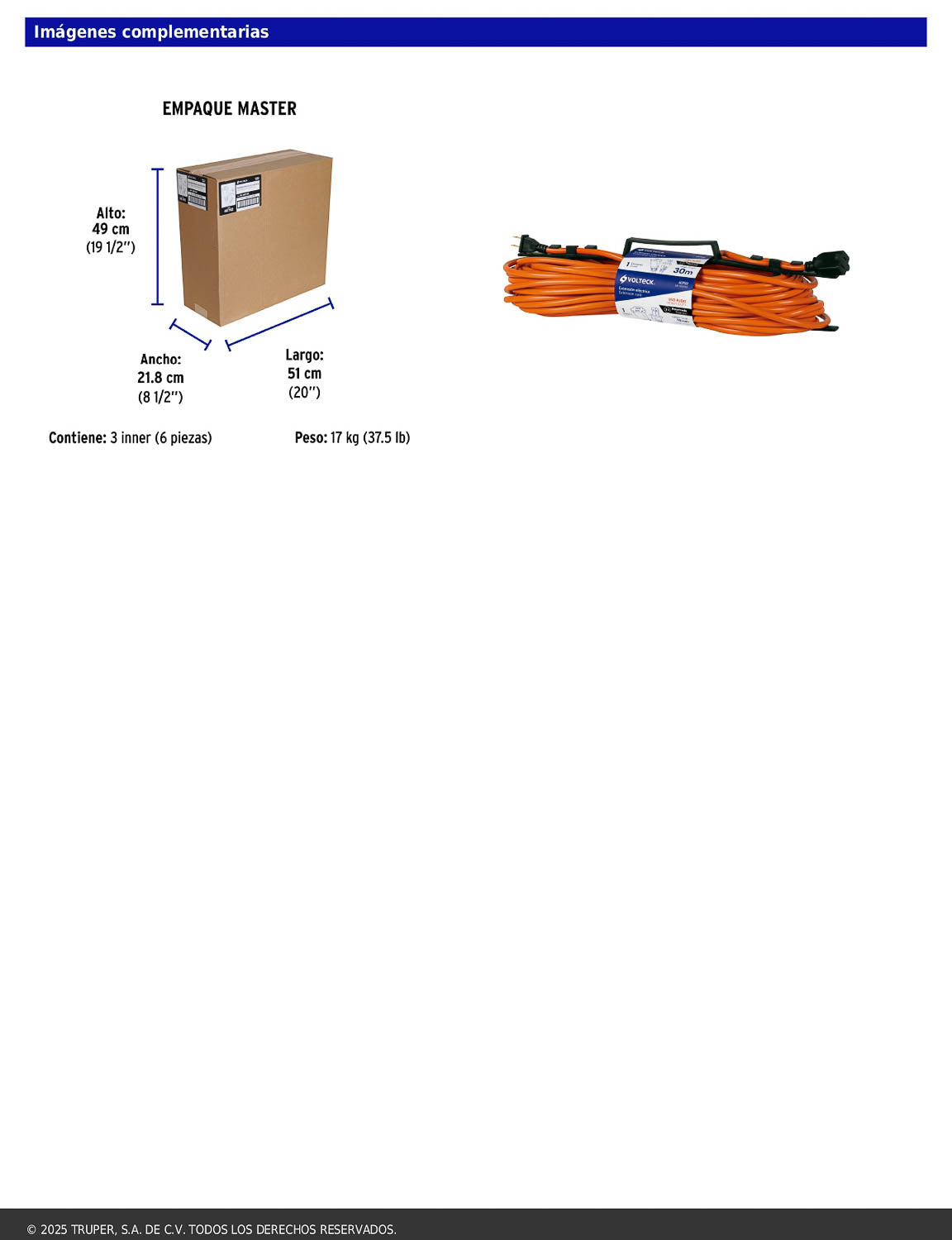 Extensión eléctrica de uso rudo de 30 m con calibre 2x16 AWG para una clavija
