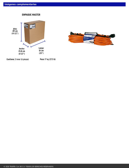 Extensión eléctrica de uso rudo de 30 m con calibre 2x16 AWG para una clavija