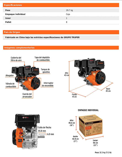 Motor a gasolina de 13 HP con sensor de aceite y arranque manual