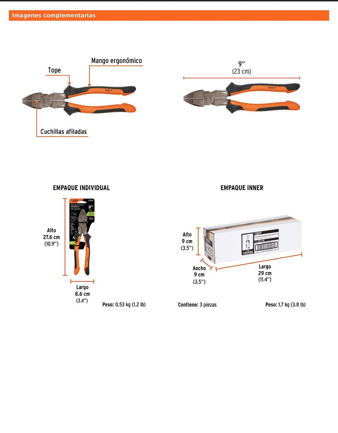 Pinza para electricista 9" alta palanca con mango Comfort Grip
