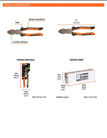 Pinza para electricista 9" alta palanca con mango Comfort Grip