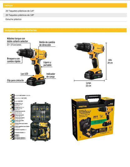 Kit de rotomartillo inalámbrico de 1/2 in con batería 20 V y 32 accesorios