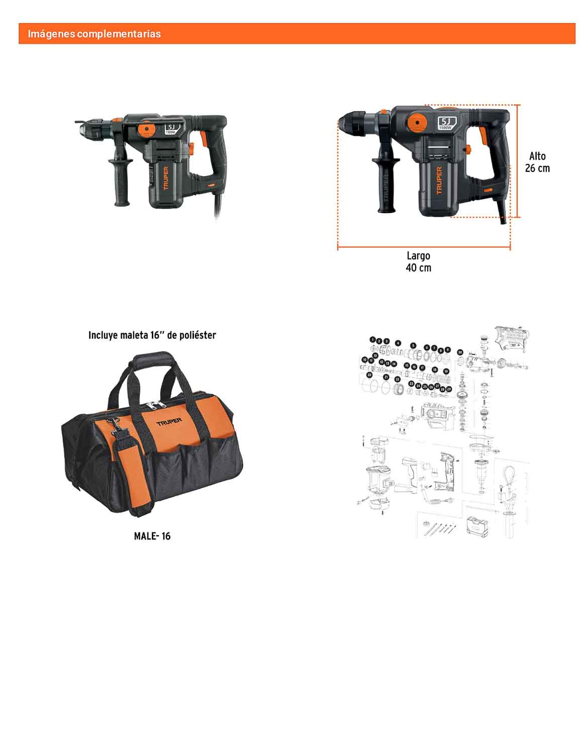 Rotomartillo SDS Plus de 1500 W y 5 J con 4 funciones para trabajo industrial