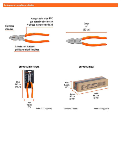 Pinza para electricista 8" uso rudo con mango PVC
