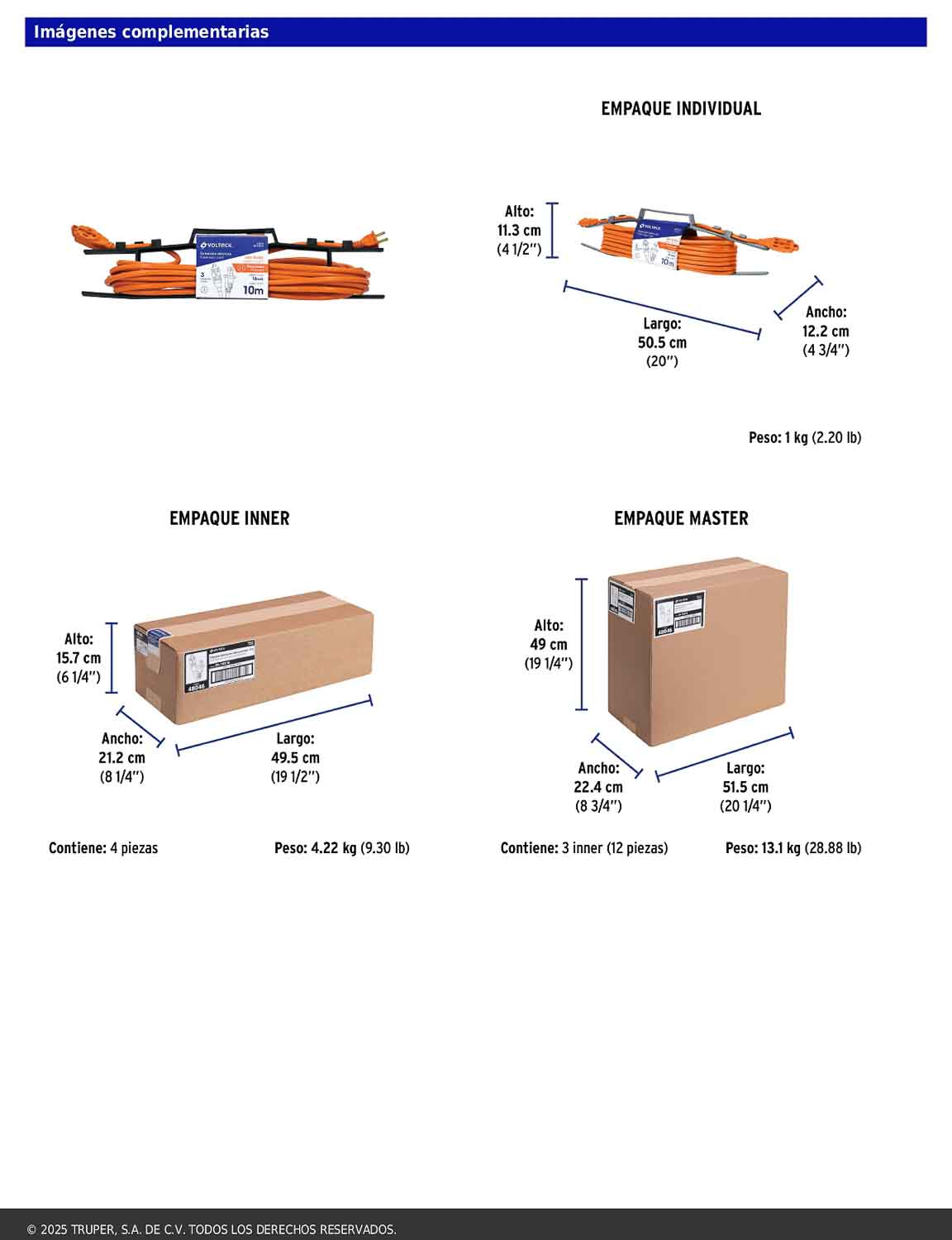 Extensión eléctrica de uso rudo de 10 m con calibre 2x16 AWG