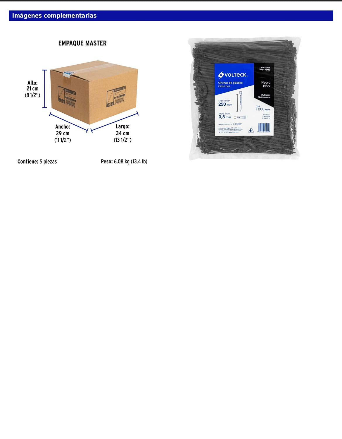 Bolsa con 1000 cinchos plásticos 40 lb 250 x 3.5 mm negro