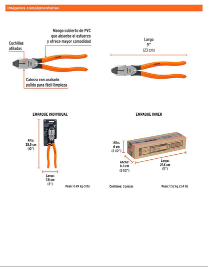 Pinza para electricista 9" uso rudo con mango PVC