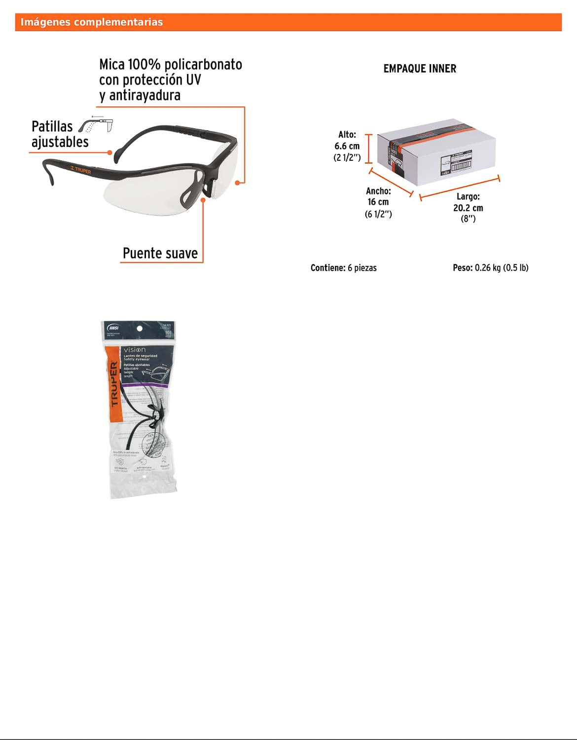 Lentes de seguridad transparentes con mica de policarbonato y patillas ajustables