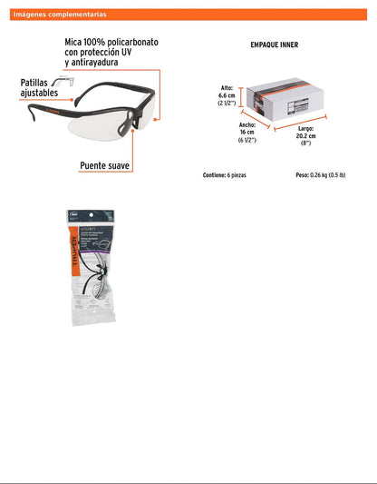 Lentes de seguridad transparentes con mica de policarbonato y patillas ajustables