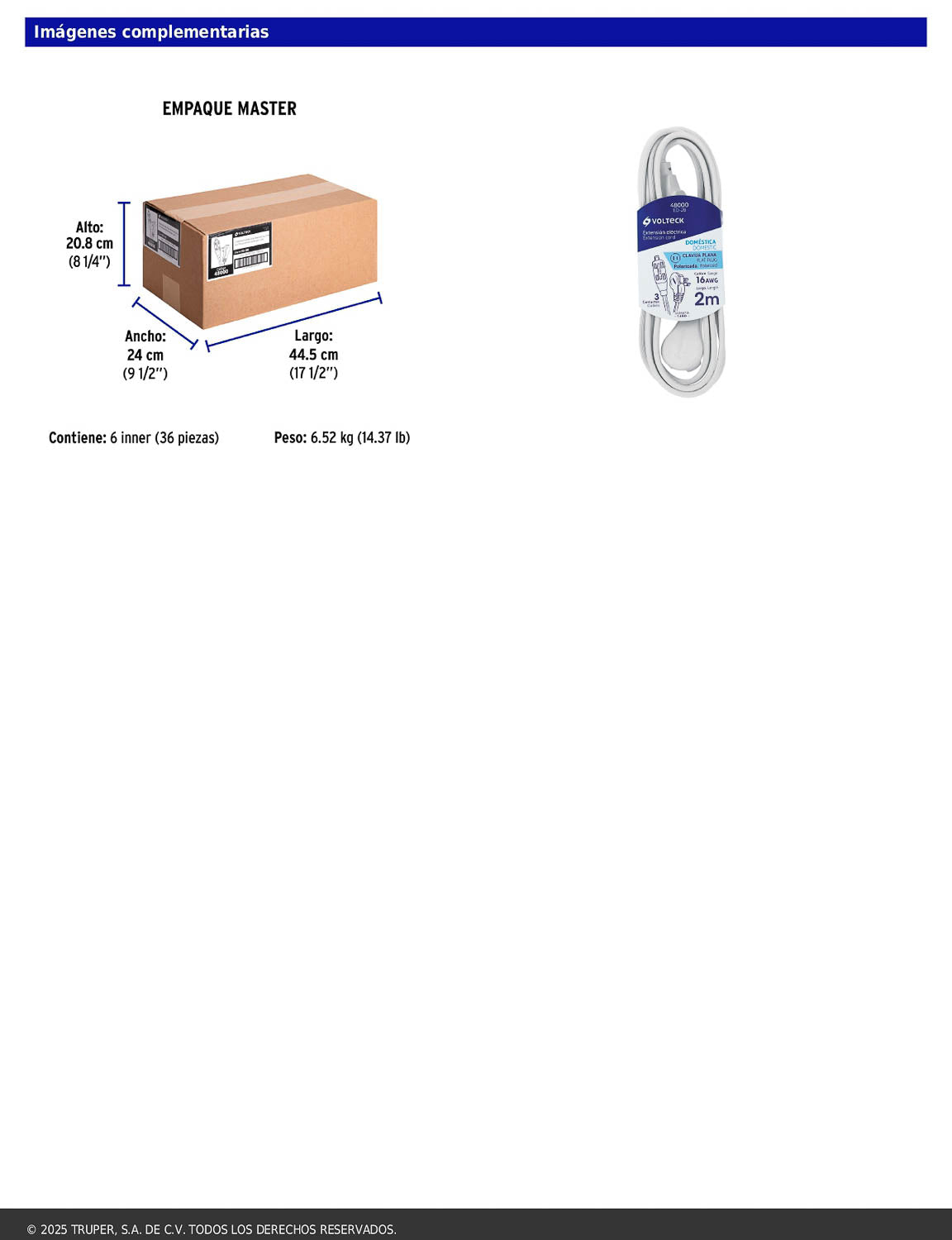 Extensión eléctrica doméstica de 2 m con clavija plana blanca