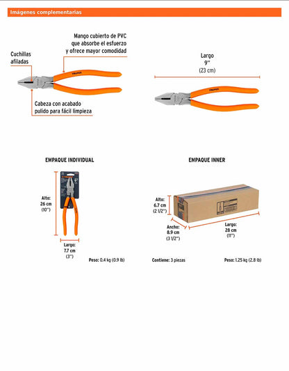 Pinza para electricista 9" con mango PVC