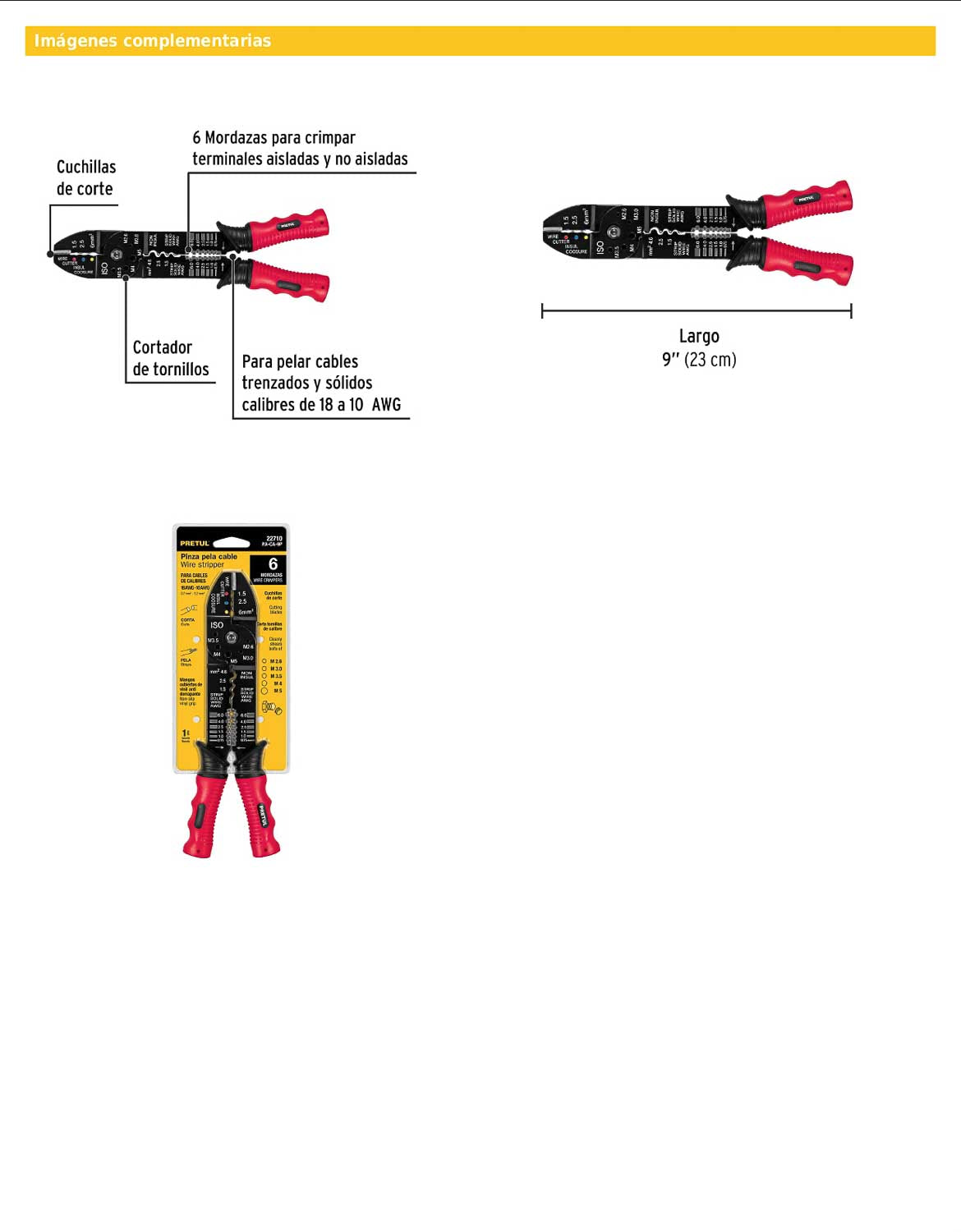 Pinza para pelar cables de 9 pulgadas para cable calibre 18 a 10 AWG con función de crimpado