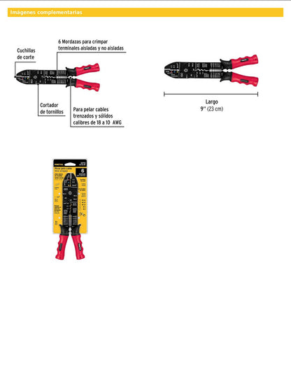 Pinza para pelar cables de 9 pulgadas para cable calibre 18 a 10 AWG con función de crimpado