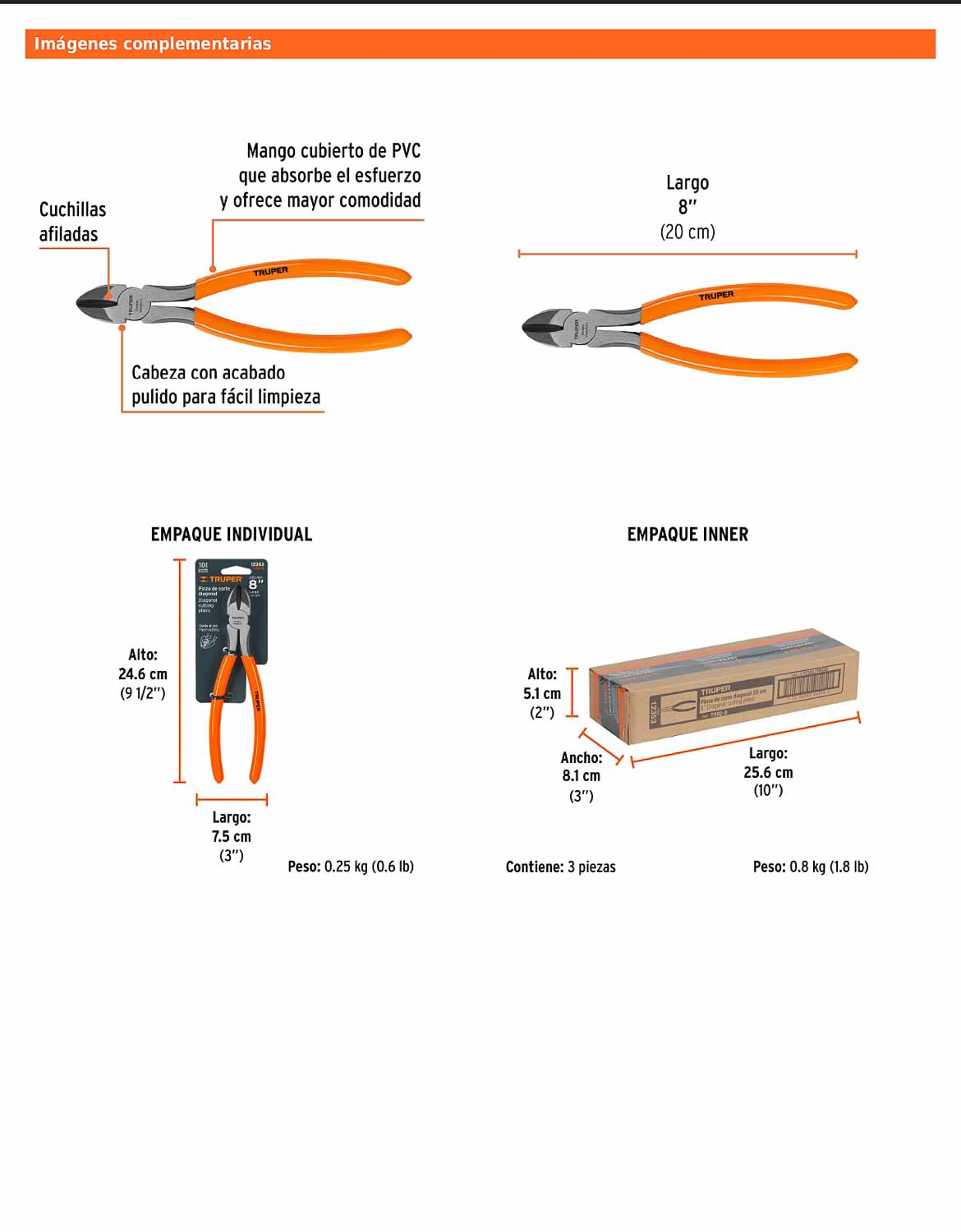 Pinza de corte diagonal de 20 cm con mango de PVC